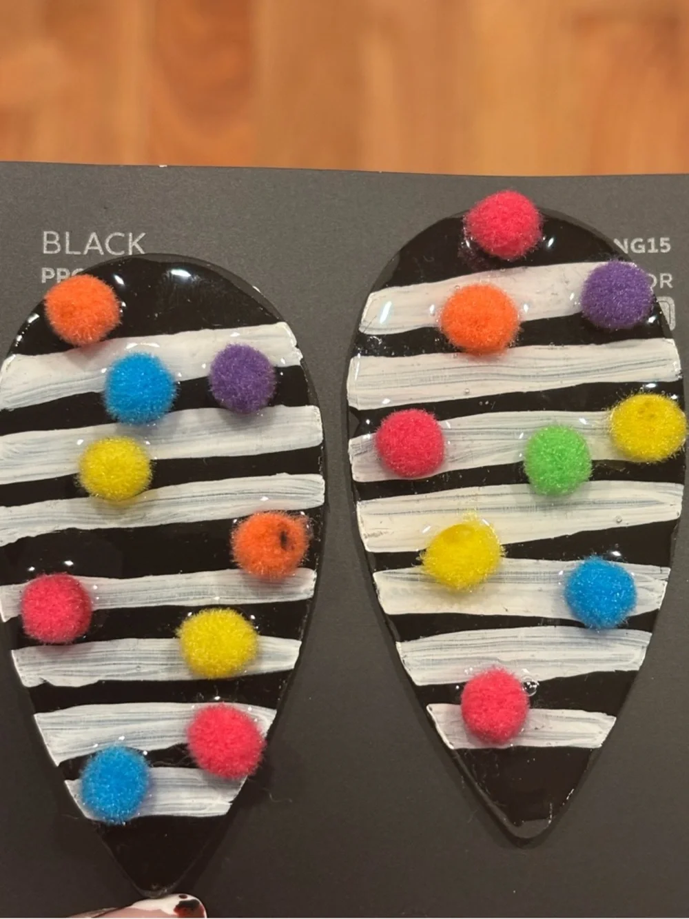 NEW! HANDMADE Black White Striped Earrings with Multicolor Pom Poms